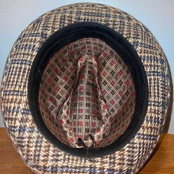 Vintage Plaid Fedora Hat Feather 7 1/4 Brown Tweed Gold Buckle - Picture 6 of 6